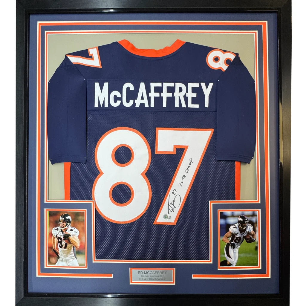 Professionally framed Ed McCaffrey Denver Broncos autographed jersey with signature and photos