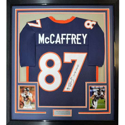 Professionally framed Ed McCaffrey Denver Broncos autographed jersey with signature and photos