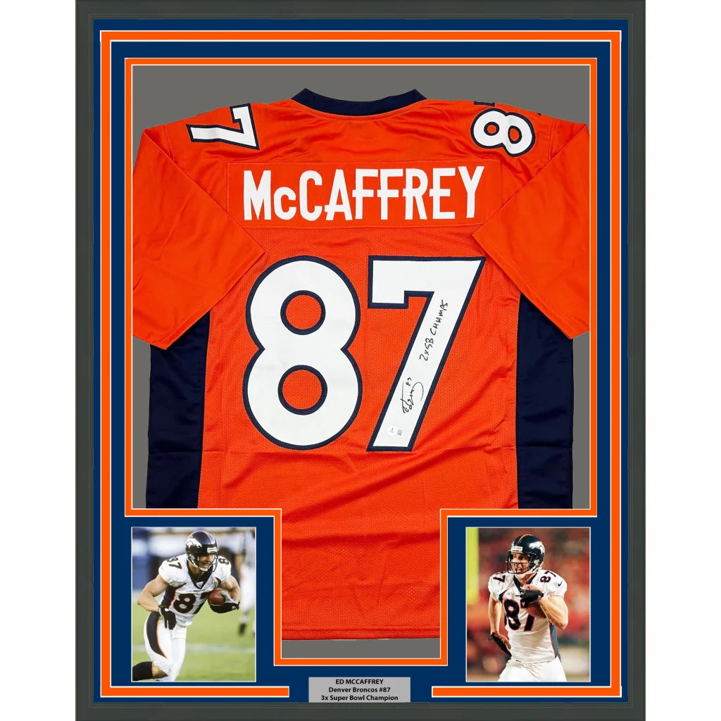 Professionally framed Ed McCaffrey Broncos jersey collectible with autographs and photos