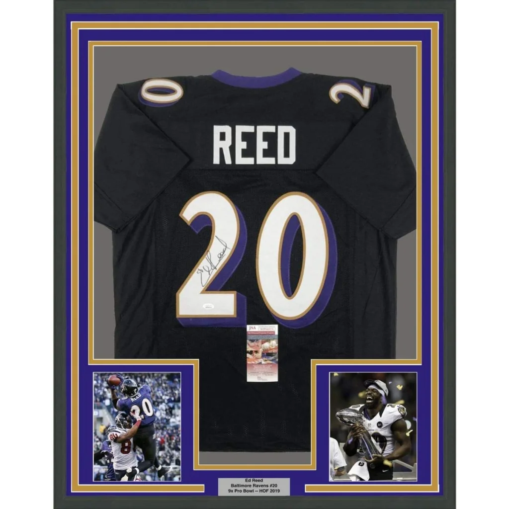 Framed autographed Ed Reed Baltimore Ravens black jersey with Reed 20, JSA COA