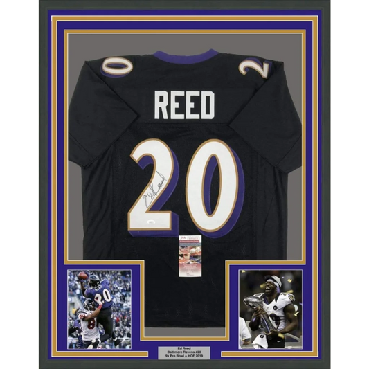 Framed autographed Ed Reed Baltimore Ravens black jersey with Reed 20, JSA COA