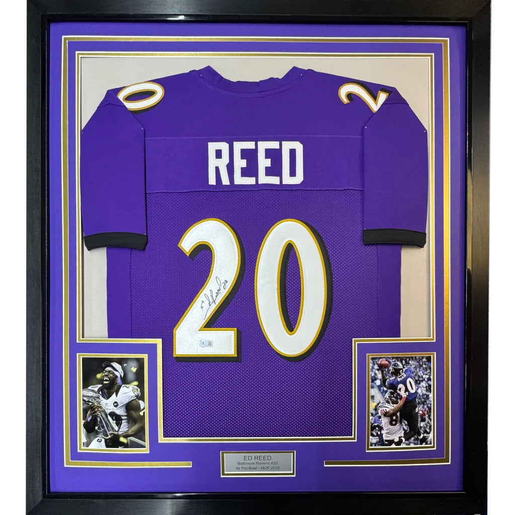 Framed signed Ed Reed purple Baltimore Ravens jersey number 20 with JSA COA
