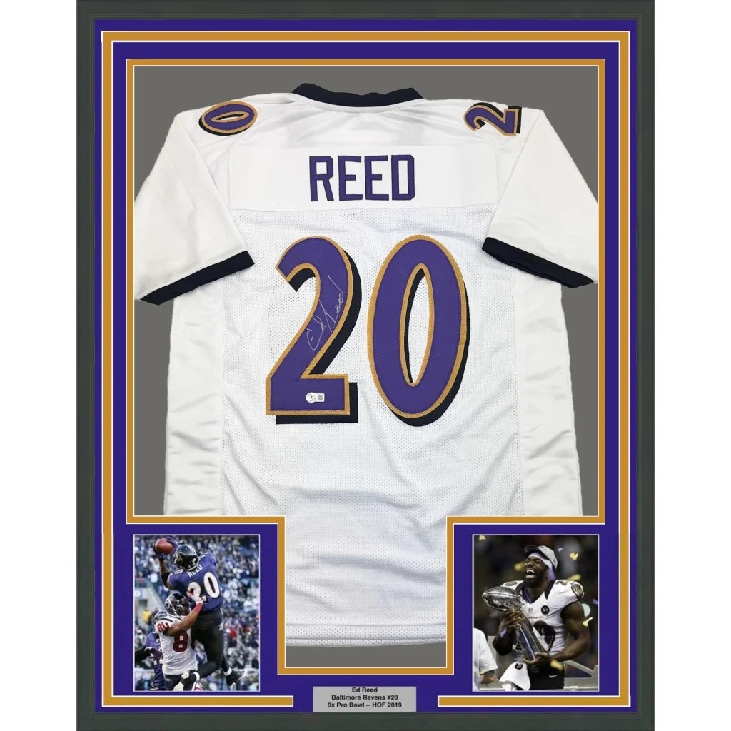 Framed Autographed Ed Reed 35x39 Baltimore White Football Jersey Beckett BAS COA | Hall of Fame Sports Memorabilia | vintageantiquesgifts.com