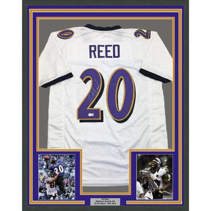 Framed Autographed Ed Reed 35x39 Baltimore White Football Jersey Beckett BAS COA | Hall of Fame Sports Memorabilia | vintageantiquesgifts.com