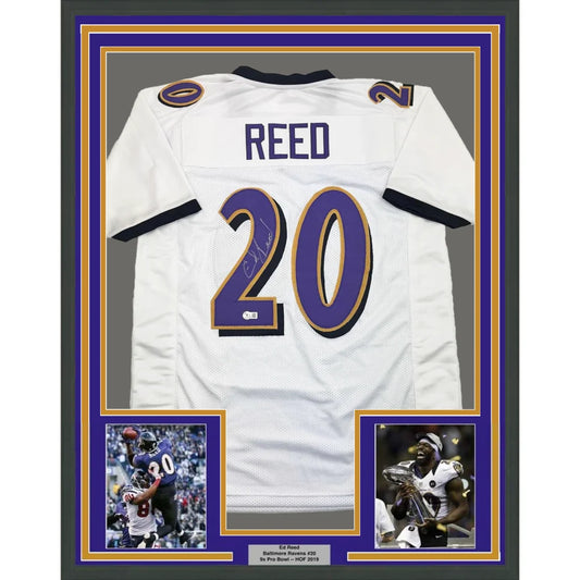Framed Autographed Ed Reed 35x39 Baltimore White Football Jersey Beckett BAS COA | Hall of Fame Sports Memorabilia | vintageantiquesgifts.com