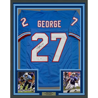Framed signed Eddie George Tennessee Titans jersey with photos ready to hang up