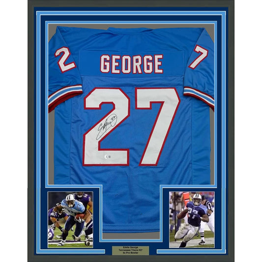 Framed signed Eddie George Tennessee Titans jersey with photos ready to hang up