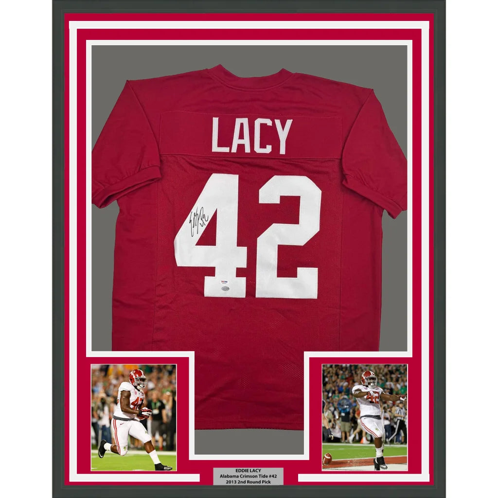 Framed autographed Eddie Lacy Alabama Crimson Tide red jersey number 42 PSA COA