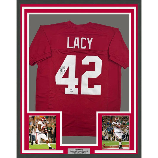 Framed Autographed Eddie Lacy 35x39 Alabama Red College Football Jersey PSA COA | Hall of Fame Sports Memorabilia | vintageantiquesgifts.com