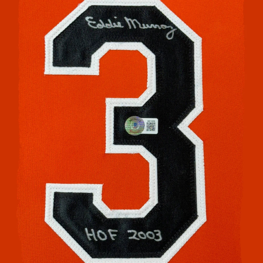 Framed Autographed Eddie Murray 35x39 Baltimore Orange Baseball Jersey Beckett BAS COA | Certified Authentic Signed Memorabilia | vintageantiquesgifts.com
