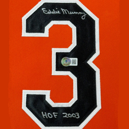 Framed Autographed Eddie Murray 35x39 Baltimore Orange Baseball Jersey Beckett BAS COA | Certified Authentic Signed Memorabilia | vintageantiquesgifts.com