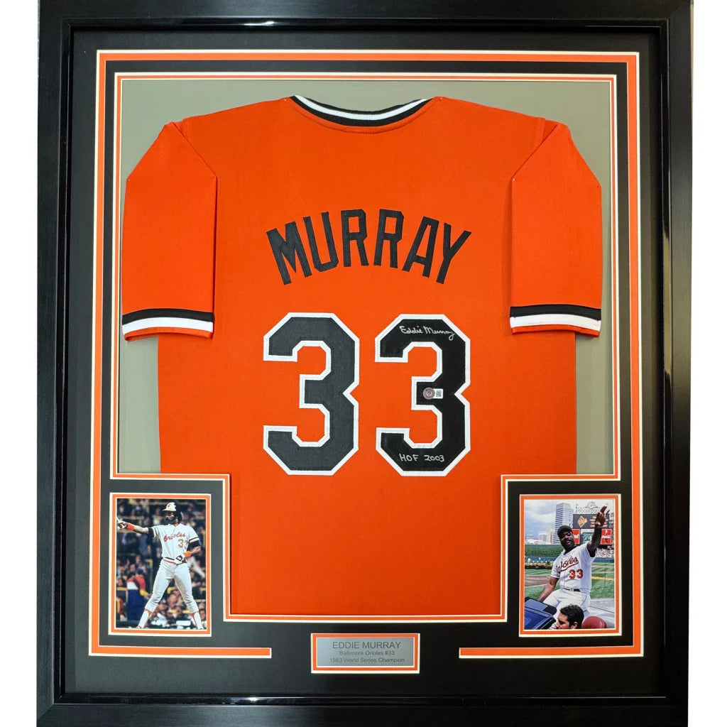 Framed Autographed Eddie Murray 35x39 Baltimore Orange Baseball Jersey Beckett BAS COA | Hall of Fame Sports Memorabilia | vintageantiquesgifts.com