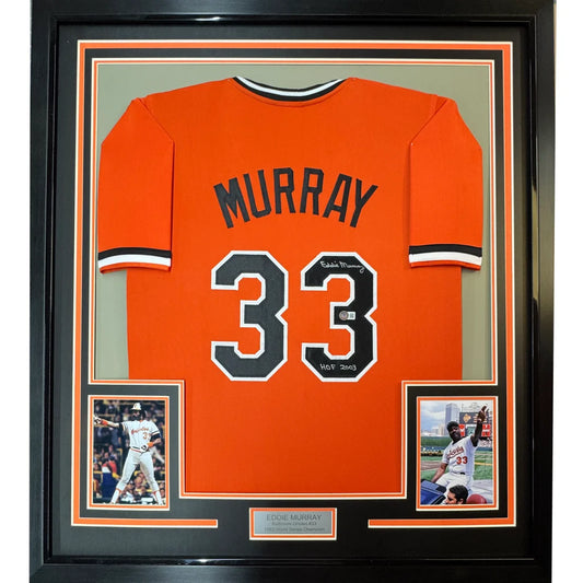 Framed Autographed Eddie Murray 35x39 Baltimore Orange Baseball Jersey Beckett BAS COA | Hall of Fame Sports Memorabilia | vintageantiquesgifts.com