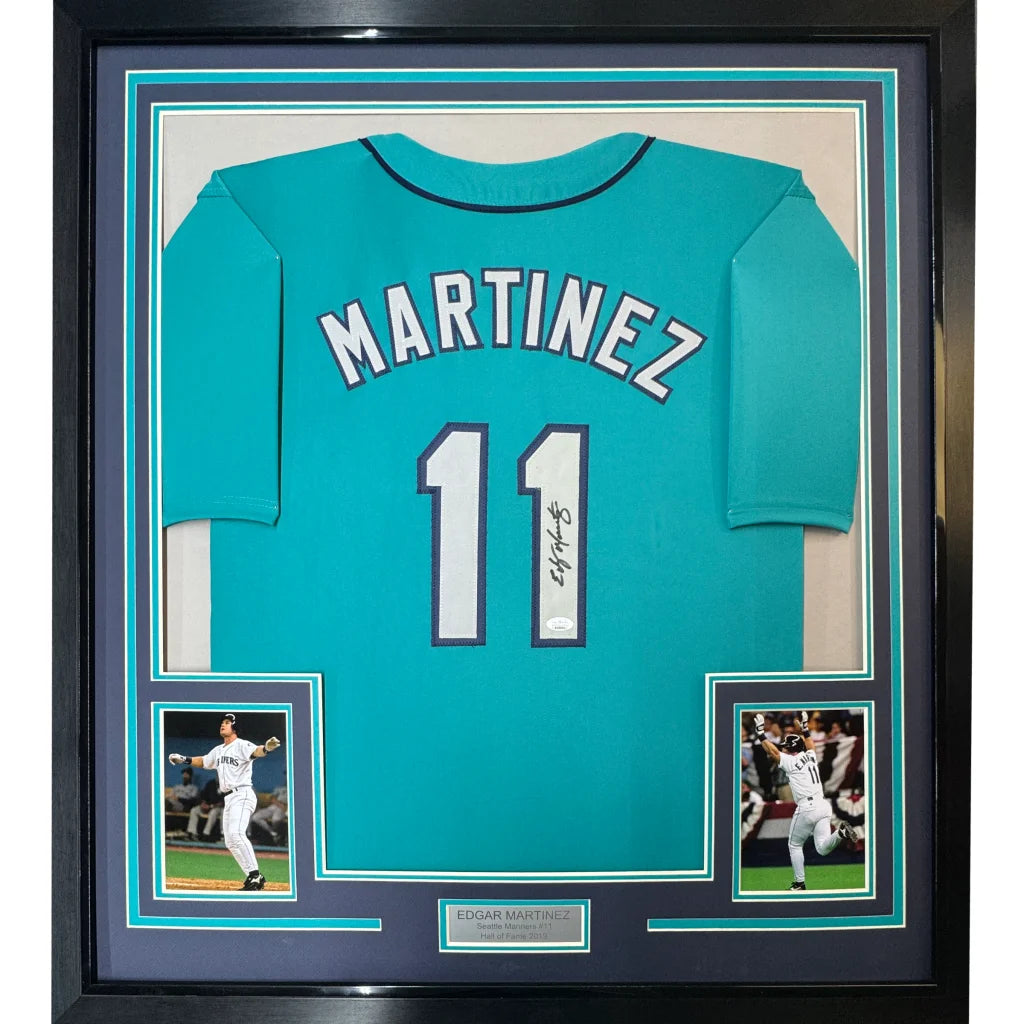 Framed Edgar Martinez autographed teal baseball jersey with photos and nameplate for display