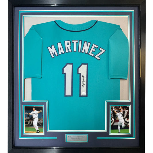 Framed Edgar Martinez autographed teal baseball jersey with photos and nameplate for display