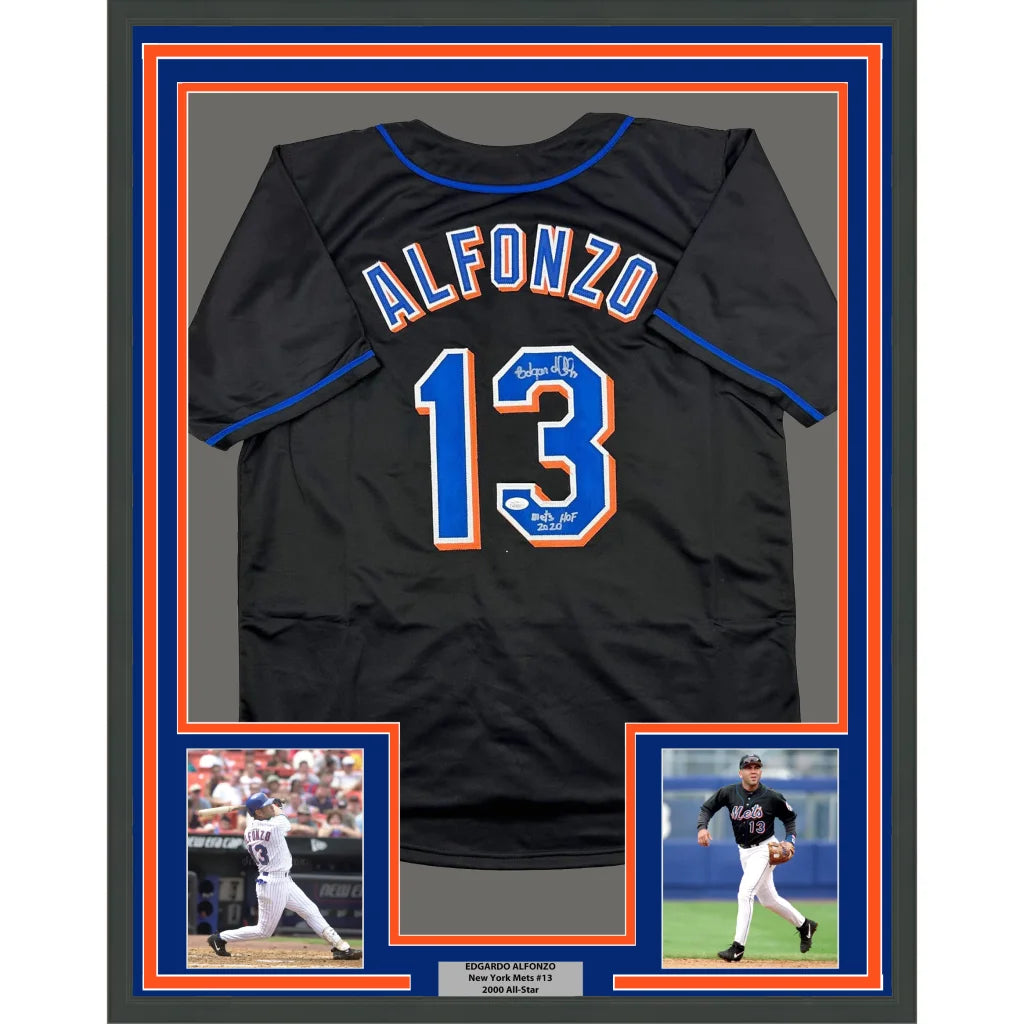 Framed Autographed Edgardo Alfonzo 35x39 New York Black Baseball Jersey JSA COA | Hall of Fame Sports Memorabilia | vintageantiquesgifts.com