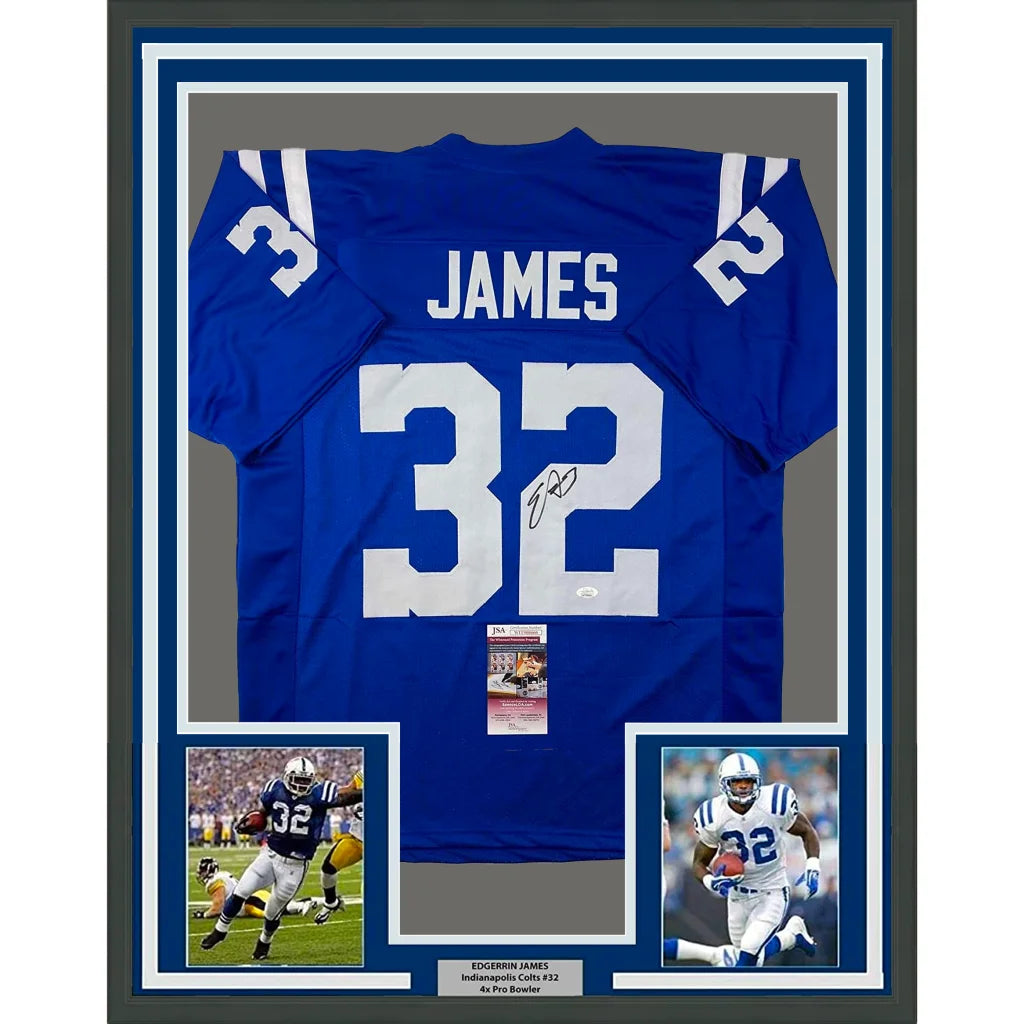 Back side of a framed autographed blue indianapolis colts football jersey with white number 32 and name james