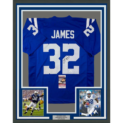 Back side of a framed autographed blue indianapolis colts football jersey with white number 32 and name james