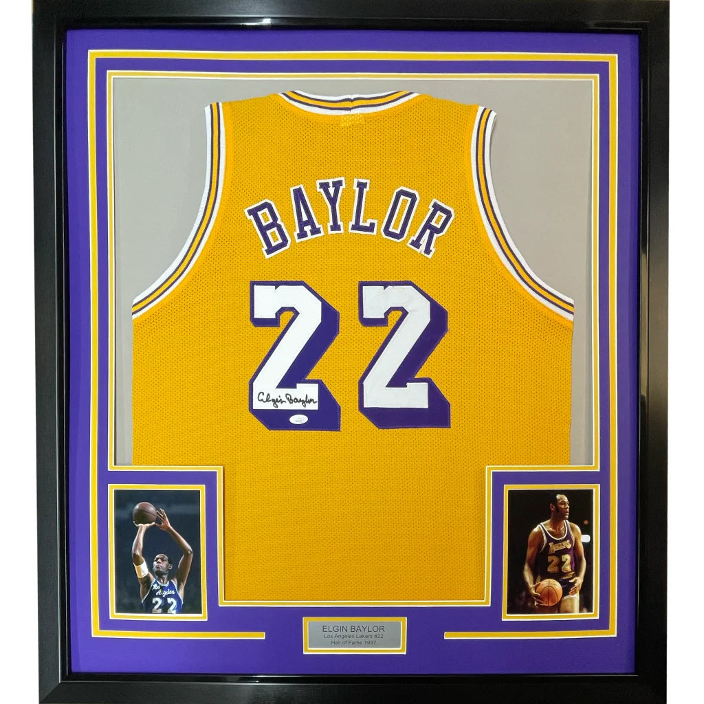 Framed Autographed Elgin Baylor 35x39 Los Angeles LA Yellow Basketball Jersey JSA COA | Hall of Fame Sports Memorabilia | vintageantiquesgifts.com