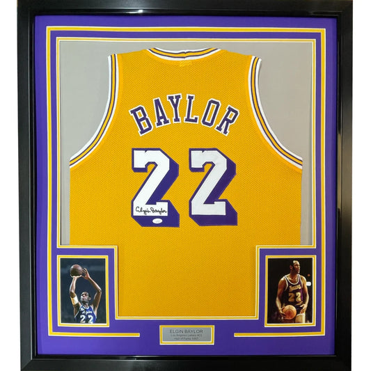 Framed Autographed Elgin Baylor 35x39 Los Angeles LA Yellow Basketball Jersey JSA COA | Hall of Fame Sports Memorabilia | vintageantiquesgifts.com