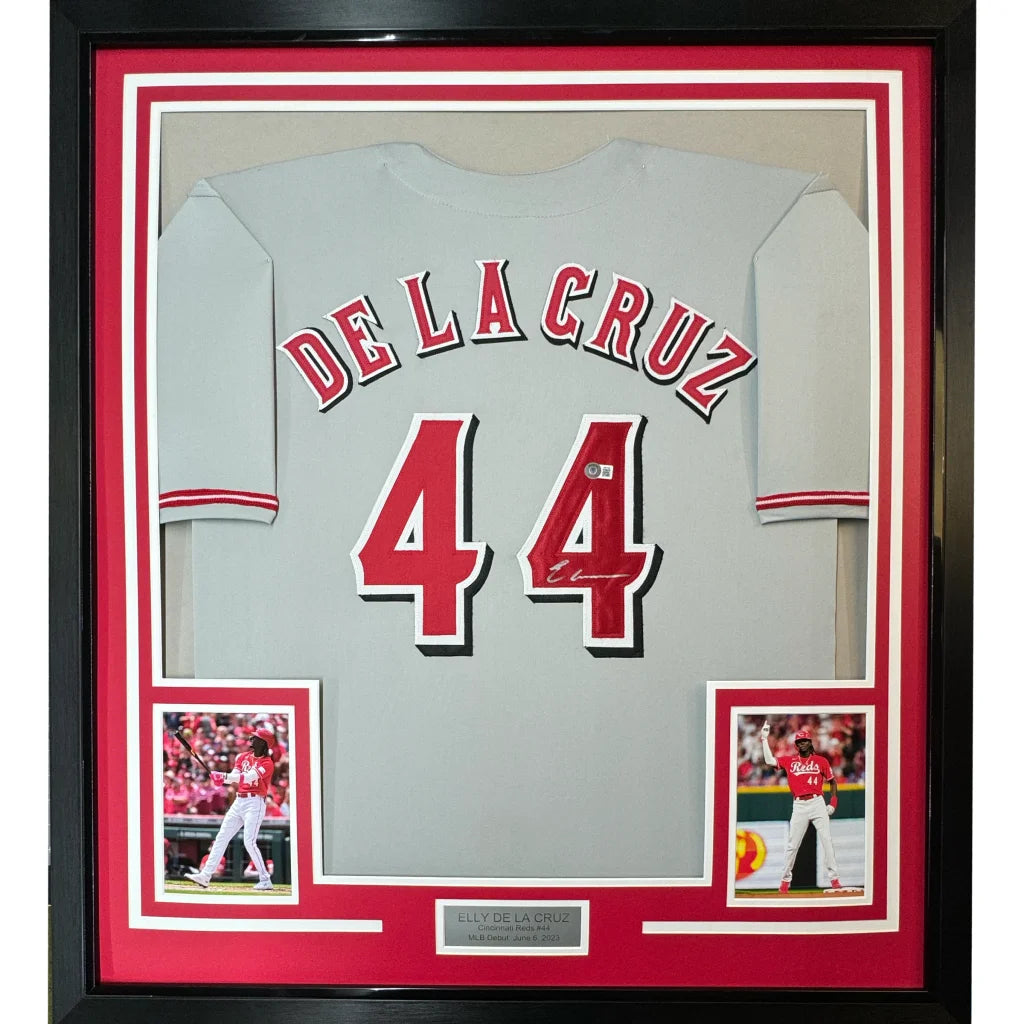 Framed Autographed Elly De La Cruz 35x39 Cincinnati Grey Baseball Jersey Beckett BAS COA | Hall of Fame Sports Memorabilia | vintageantiquesgifts.com