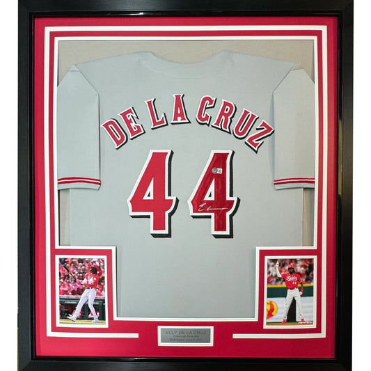 Framed Autographed Elly De La Cruz 35x39 Cincinnati Grey Baseball Jersey Beckett BAS COA | Hall of Fame Sports Memorabilia | vintageantiquesgifts.com