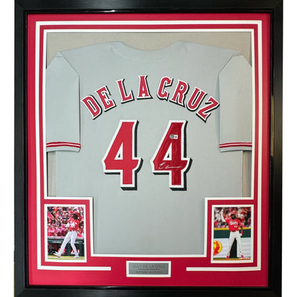 Framed signed Red Baseball Jersey with photos and plaque ready for display