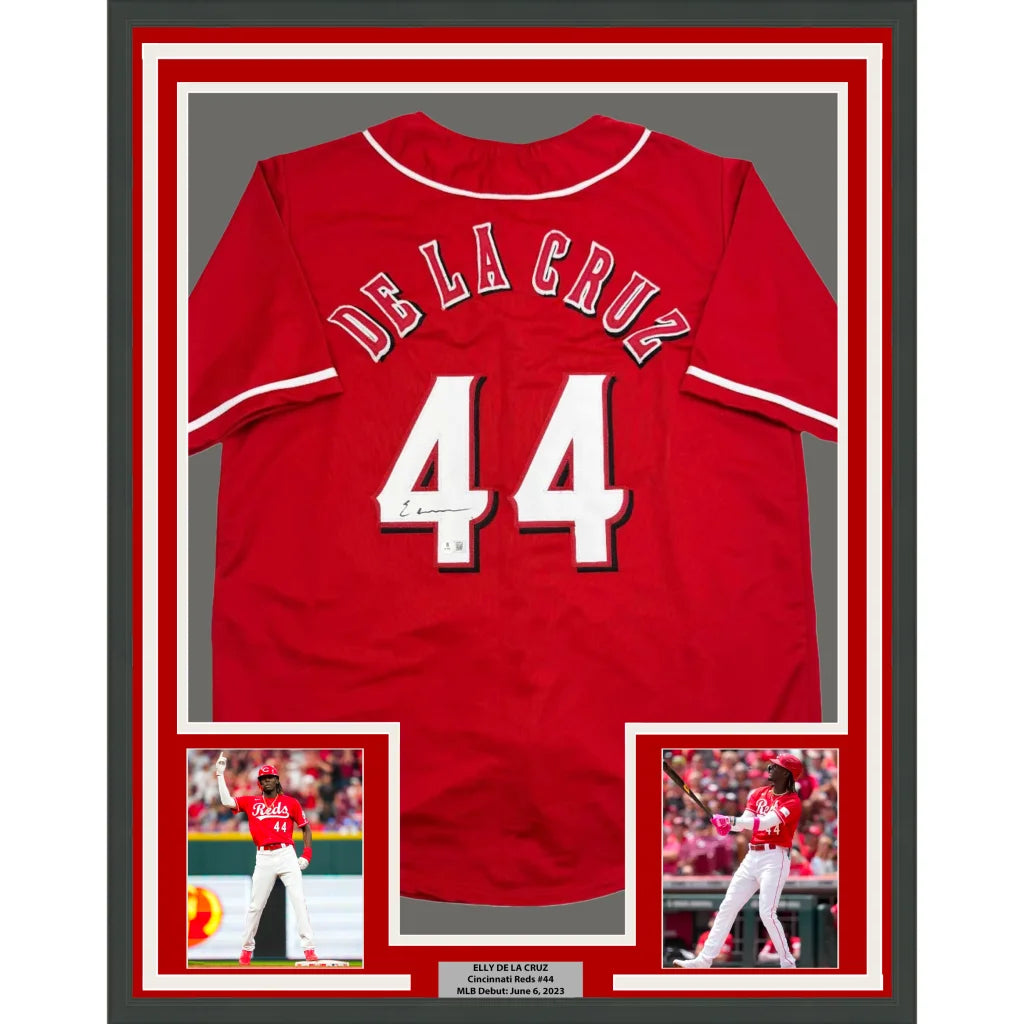 Framed autographed Elly De La Cruz Cincinnati Reds jersey with number 44