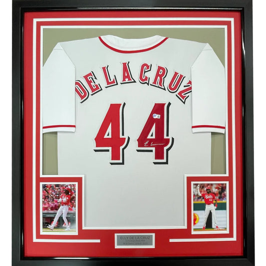 Framed autographed Elly De La Cruz white Cincinnati jersey with number 44
