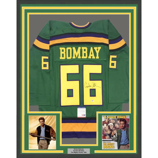 Professionally framed Mighty Ducks jersey with Emilio Estevez autograph for your man cave