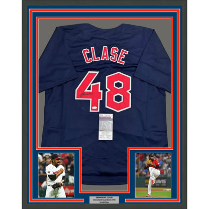 Framed autographed Emmanuel Clase navy blue Cleveland Guardians jersey back with red Clase 48 signature JSA COA