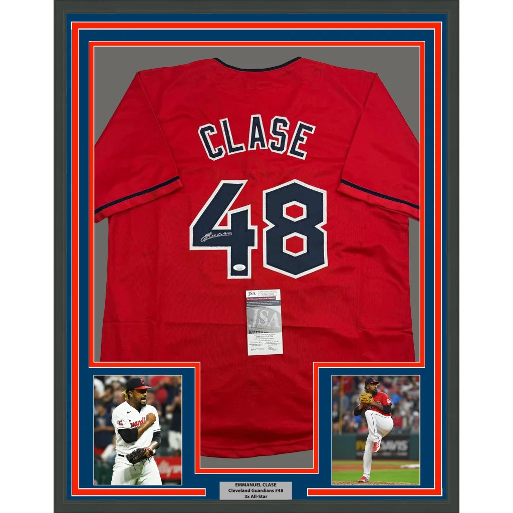 Framed Autographed Emmanuel Clase 35x39 Cleveland Red Baseball Jersey JSA COA | Hall of Fame Sports Memorabilia | vintageantiquesgifts.com
