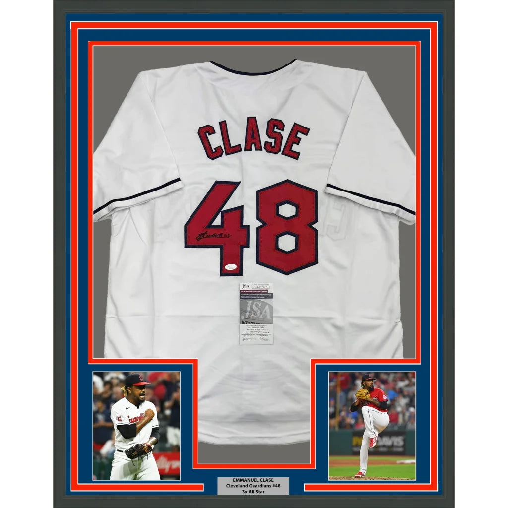 Framed Autographed Emmanuel Clase 35x39 Cleveland White Baseball Jersey JSA COA | Hall of Fame Sports Memorabilia | vintageantiquesgifts.com