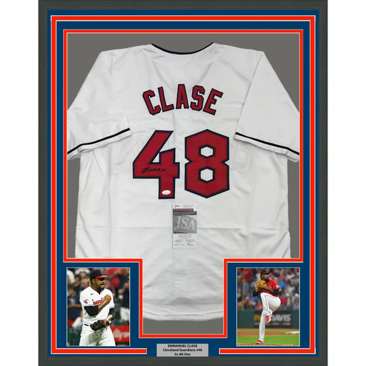 Framed Autographed Emmanuel Clase 35x39 Cleveland White Baseball Jersey JSA COA | Hall of Fame Sports Memorabilia | vintageantiquesgifts.com