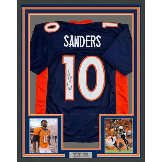 Framed Emmanuel Sanders #10 Denver Broncos autographed jersey with action photos display