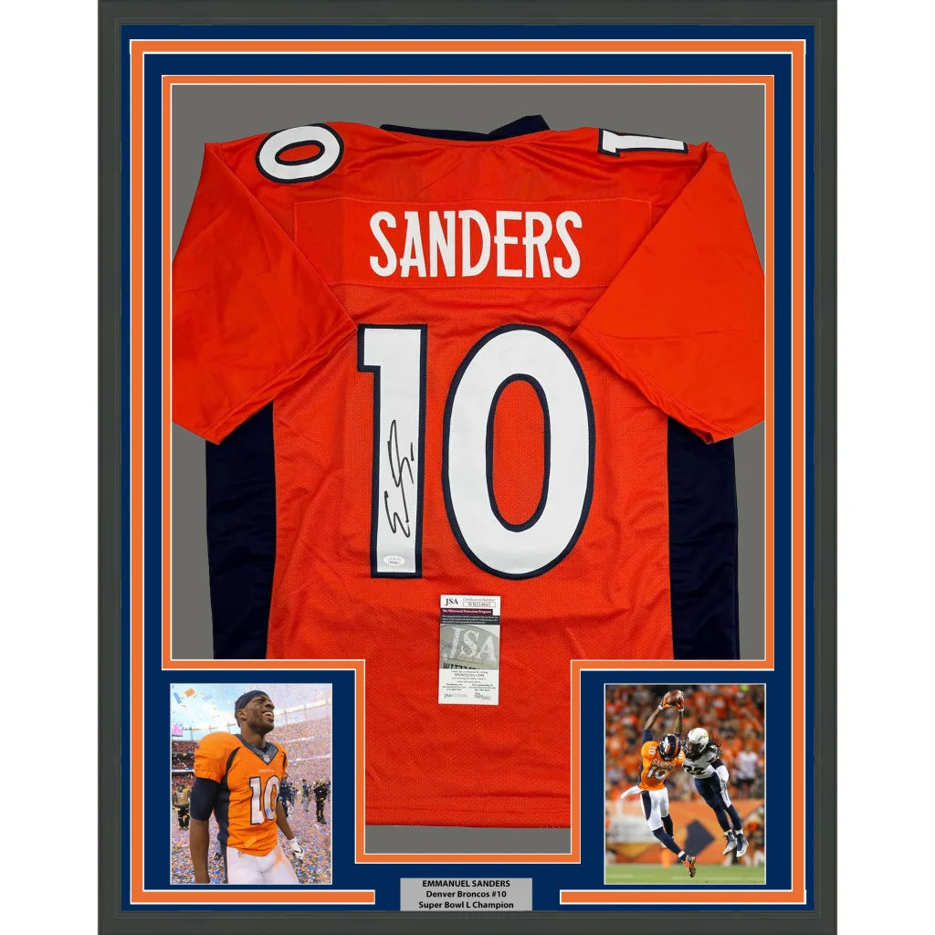 Framed Emmanuel Sanders Denver Orange Football Jersey with photos and Super Bowl plaque