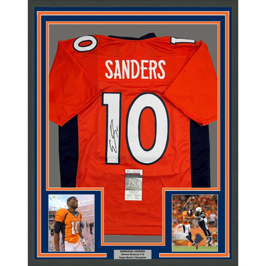 Framed Emmanuel Sanders Denver Orange Football Jersey with photos and Super Bowl plaque