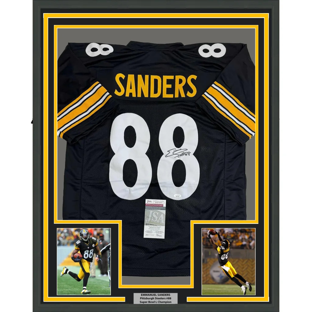 Autographed Emmanuel Sanders Steelers jersey in a museum quality frame with photos and cert