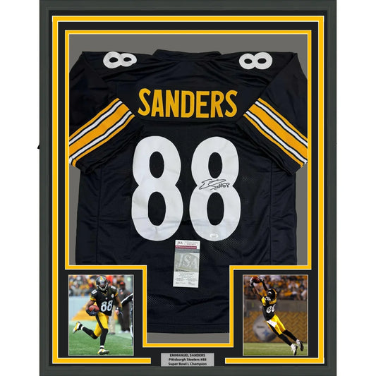 Autographed Emmanuel Sanders Steelers jersey in a museum quality frame with photos and cert