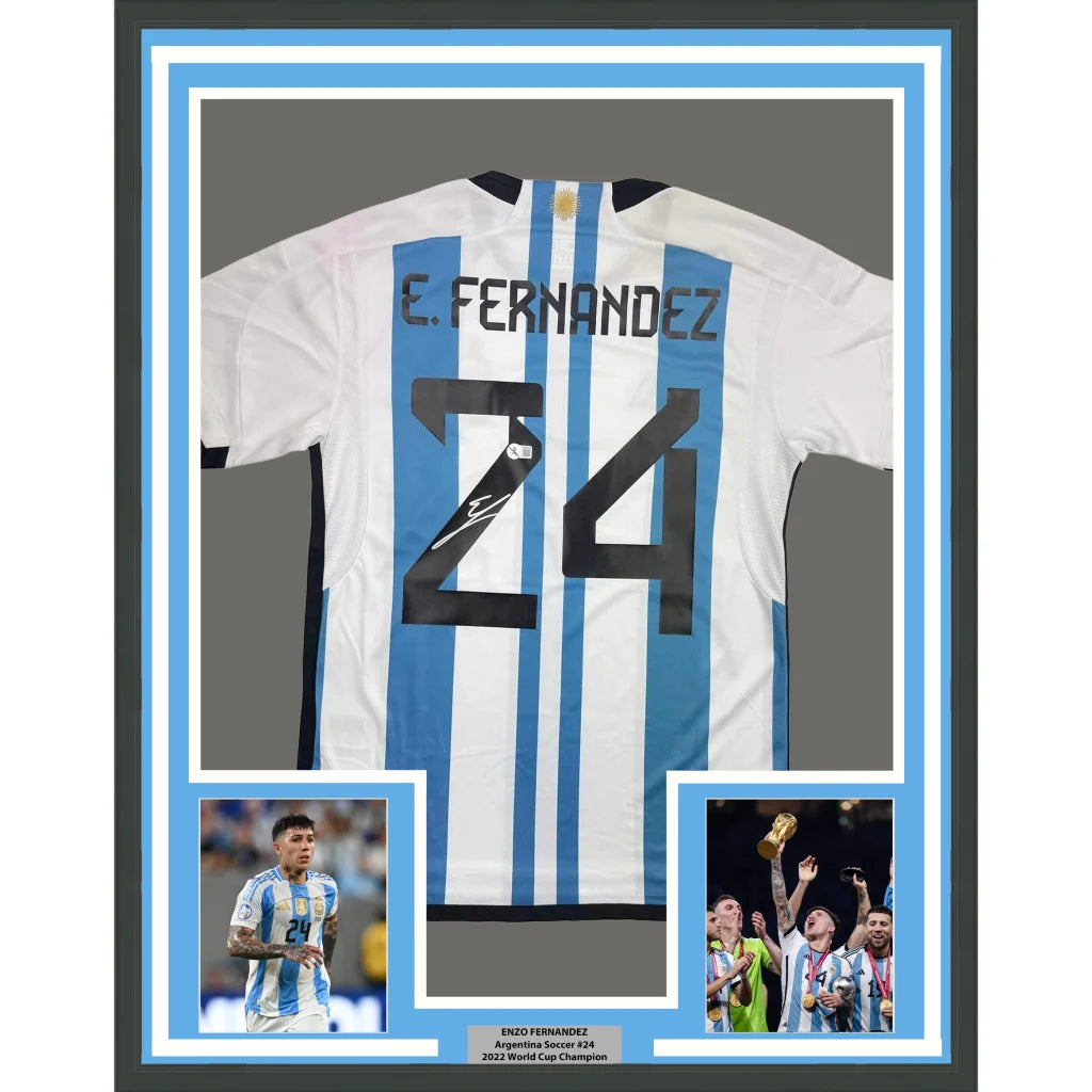 Framed Autographed Enzo Fernandez 35x39 Argentina Blue White Soccer World Cup Jersey Beckett BAS COA | Hall of Fame Sports Memorabilia | vintageantiquesgifts.com