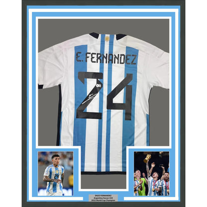 Framed Autographed Enzo Fernandez 35x39 Argentina Blue White Soccer World Cup Jersey Beckett BAS COA | Hall of Fame Sports Memorabilia | vintageantiquesgifts.com
