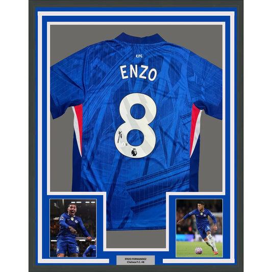 Framed Autographed Enzo Fernandez 35x39 Chelsea FC Blue Soccer Futbol Jersey Beckett BAS COA | Hall of Fame Sports Memorabilia | vintageantiquesgifts.com
