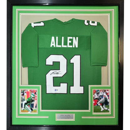 Framed Autographed Eric Allen 35x39 Philadelphia Kelly Green Football Jersey Beckett BAS COA | Hall of Fame Sports Memorabilia | vintageantiquesgifts.com