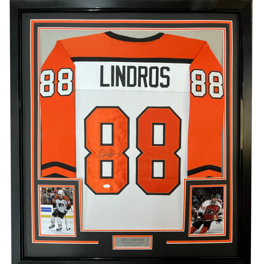 Framed Autographed Eric Lindros 35x39 Philadelphia White Hockey Jersey JSA COA | Hall of Fame Sports Memorabilia | vintageantiquesgifts.com