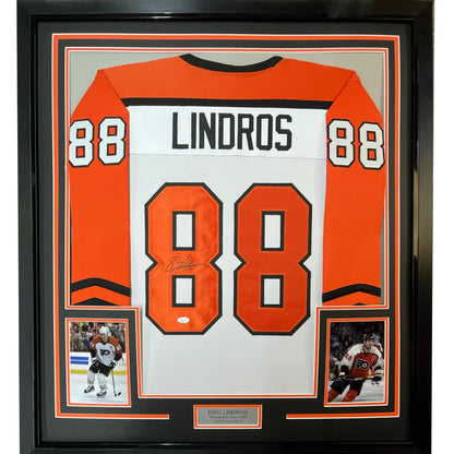 Framed Autographed Eric Lindros 35x39 Philadelphia White Hockey Jersey JSA COA | Hall of Fame Sports Memorabilia | vintageantiquesgifts.com