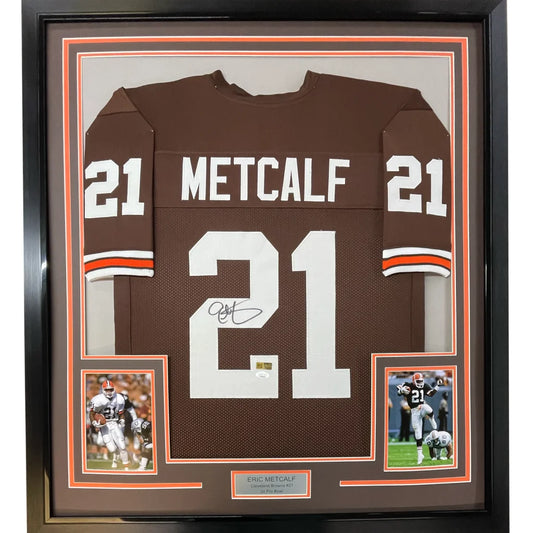 Framed autographed brown cleveland browns #21 eric metcalf football jersey with white numerals and orange stripes