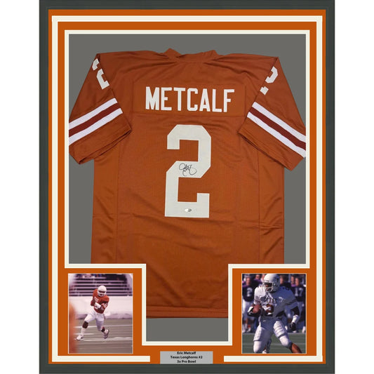 Framed Autographed Eric Metcalf 35x39 Texas Orange College Football Jersey Beckett BAS COA | Hall of Fame Sports Memorabilia | vintageantiquesgifts.com