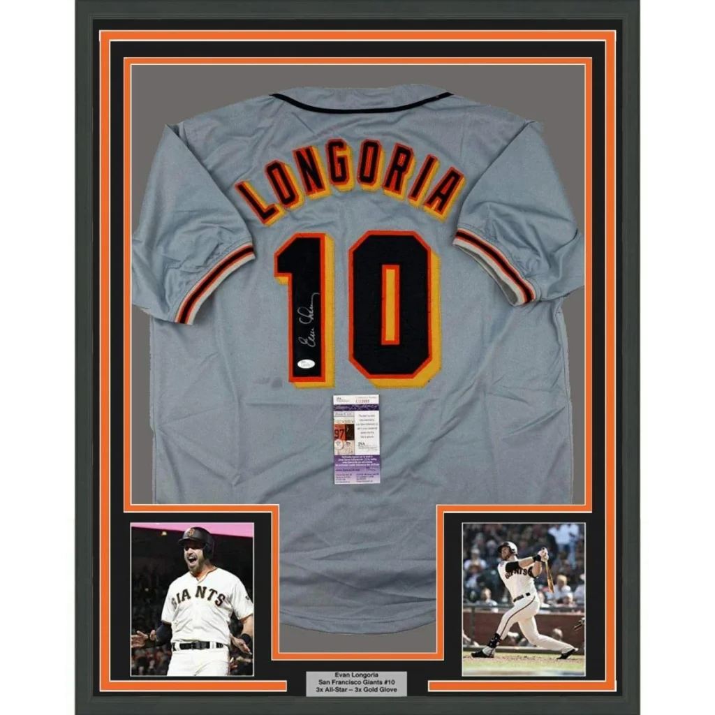 Framed Autographed Evan Longoria 35x39 San Francisco Grey Baseball Jersey JSA COA | Hall of Fame Sports Memorabilia | vintageantiquesgifts.com