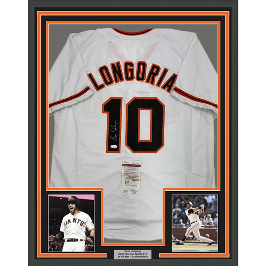 Framed Autographed Evan Longoria 35x39 San Francisco White Baseball Jersey JSA COA | Hall of Fame Sports Memorabilia | vintageantiquesgifts.com