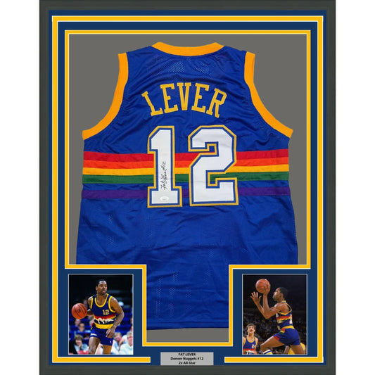 Professionally framed Alex English Denver blue retro rainbow jersey with autographs and player photos
